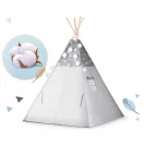 Gyereksátor, Nukido Tipi, fényfüzérrel, 120 x 120 x 165 cm, szürke, csillagmintás, fenyőfa rudak, 3 párna, stabilizátor, hordtáska