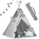 Gyereksátor, Nukido Tipi, fényfüzérrel, 120 x 120 x 165 cm, szürke, csillagmintás, fenyőfa rudak, 3 párna, stabilizátor, hordtáska
