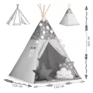 Gyereksátor, Nukido Tipi, fényfüzérrel, 120 x 120 x 165 cm, szürke, csillagmintás, fenyőfa rudak, 3 párna, stabilizátor, hordtáska