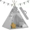Gyereksátor, Nukido Tipi, fényfüzérrel, 120 x 120 x 165 cm, szürke, 175 g/m2 pamut, fenyőfa rudak, 3 párna és szigetelő szőnyeg, hordtáska