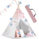 Gyereksátor, Nukido Tipi, fényfüzérrel, 120 x 120 x 165 cm, rózsaszín, 175 g/m2 pamut, fenyőfa rudak, 3 párna és szigetelő szőnyeg, hordtáska