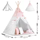 Gyereksátor, Nukido Tipi, fényfüzérrel, 120 x 120 x 165 cm, rózsaszín, 175 g/m2 pamut, fenyőfa rudak, 3 párna és szigetelő szőnyeg, hordtáska