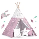 Gyereksátor, Nukido Tipi, fényfüzérrel, 120 x 120 x 165 cm, rózsaszín, csillagmintás, 175 g/m2 pamut, fenyőfa rudak, 3 párna és szigetelő szőnyeg, hordtáska