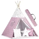 Gyereksátor, Nukido Tipi, fényfüzérrel, 120 x 120 x 165 cm, rózsaszín, csillagmintás, 175 g/m2 pamut, fenyőfa rudak, 3 párna és szigetelő szőnyeg, hordtáska