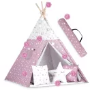 Gyereksátor, Nukido Tipi, fényfüzérrel, 120 x 120 x 165 cm, rózsaszín, csillagmintás, 175 g/m2 pamut, fenyőfa rudak, 3 párna és szigetelő szőnyeg, hordtáska