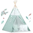 Gyereksátor, Nukido Tipi, fényfüzérrel, 120 × 120 × 165 cm, menta, csillagmintás, pamut, 3 párna, szigetelő szőnyeg, hordtáska