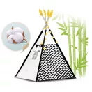 Gyereksátor, Nukido Tipi, Panda minta, 120 x 120 x 160 cm, fehér-fekete, girlanddal és fényfüzérrel, 2 párna, hőszigetelő szőnyeg