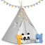 Gyereksátor, Nukido Tipi, fényfüzérrel, 120 x 120 x 165 cm, szürke, Montessori stílusú, pamut, fenyőfa rudak, 3 párna, szőnyeg