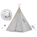 Gyereksátor, Nukido Tipi, fényfüzérrel, 120 x 120 x 165 cm, szürke, Montessori stílusú, pamut, fenyőfa rudak, 3 párna, szőnyeg