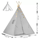 Gyereksátor, Nukido Tipi, fényfüzérrel, 120 x 120 x 165 cm, szürke, Montessori stílusú, pamut, fenyőfa rudak, 3 párna, szőnyeg