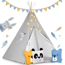 Gyereksátor, Nukido Tipi, fényfüzérrel, 120 x 120 x 165 cm, szürke, Montessori stílusú, pamut, fenyőfa rudak, 3 párna, szőnyeg