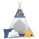 Gyereksátor, Nukido Tipi, fényfüzérrel, 120 x 120 x 165 cm, sötétkék, prémium pamut, fenyőfa rudak, 3 párna, vastag szigetelő matrac