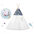 Gyereksátor, Nukido Tipi, fényfüzérrel, 120 x 120 x 165 cm, sötétkék, prémium pamut, fenyőfa rudak, 3 párna, vastag szigetelő matrac