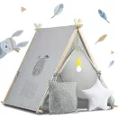 Gyereksátor, Nukido Tipi, lámpával, 116 × 107 × 110 cm, szürke, pamut, fenyőfa rudak, 2 párna és vastag matrac, hordtáska