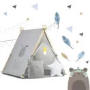 Gyereksátor, Nukido Tipi, lámpával, 116 × 107 × 110 cm, szürke, pamut, fenyőfa rudak, 2 párna és vastag matrac, hordtáska