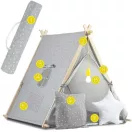Gyereksátor, Nukido Tipi, lámpával, 116 × 107 × 110 cm, szürke, pamut, fenyőfa rudak, 2 párna és vastag matrac, hordtáska