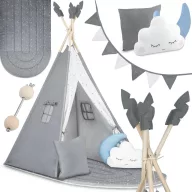   Gyereksátor, Nukido NK-406 Tipi, 116 x 116 x 165 cm, szürke, 3 párna, vastag csúszásgátlós matrac, stabilizátor, fenyőfa rudak