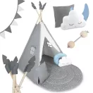 Gyereksátor, Nukido NK-406 Tipi, 116 x 116 x 165 cm, szürke, 3 párna, vastag csúszásgátlós matrac, stabilizátor, fenyőfa rudak