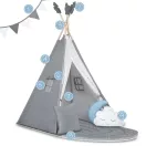 Gyereksátor, Nukido NK-406 Tipi, 116 x 116 x 165 cm, szürke, 3 párna, vastag csúszásgátlós matrac, stabilizátor, fenyőfa rudak