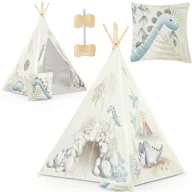   Gyereksátor, Nukido Tipi, Dinoszaurusz minta, 114 × 114 × 165 cm, stabilizátorral és vastag párnával, ablakos, poliészter huzat, fenyőfa rudak, könnyen összeszerelhető