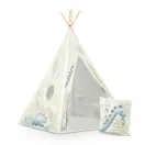 Gyereksátor, Nukido Tipi, Dinoszaurusz minta, 114 × 114 × 165 cm, stabilizátorral és vastag párnával, ablakos, poliészter huzat, fenyőfa rudak, könnyen összeszerelhető