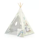 Gyereksátor, Nukido Tipi, Dinoszaurusz minta, 114 × 114 × 165 cm, stabilizátorral és vastag párnával, ablakos, poliészter huzat, fenyőfa rudak, könnyen összeszerelhető