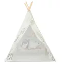 Gyereksátor, Nukido Tipi, Dinoszaurusz minta, 114 × 114 × 165 cm, stabilizátorral és vastag párnával, ablakos, poliészter huzat, fenyőfa rudak, könnyen összeszerelhető