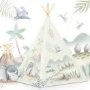 Gyereksátor, Nukido Tipi, Dinoszaurusz minta, 114 × 114 × 165 cm, stabilizátorral és vastag párnával, ablakos, poliészter huzat, fenyőfa rudak, könnyen összeszerelhető