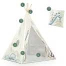 Gyereksátor, Nukido Tipi, Dinoszaurusz minta, 114 × 114 × 165 cm, stabilizátorral és vastag párnával, ablakos, poliészter huzat, fenyőfa rudak, könnyen összeszerelhető
