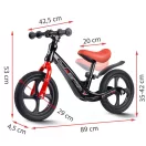 Kétkerekű futóbicikli, Ricokids Funnu, fekete/piros, magnézium váz, EVA habkerekek 29 cm, állítható ülésmagasság 35-42 cm, gumírozott markolatok ütközőkkel, könnyű (TE760501)