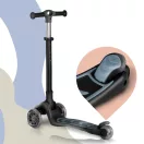 Háromkerekű roller, Nukido Flippo, fekete, LED világítás a kerekekben, balanszos irányítás, levehető és állítható ülés, alumínium kormány, max. 50 kg
