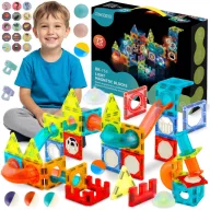   Mágneses építőjáték készlet, Ricokids RK-763, 75 db, színes, világítással, golyópálya elemekkel, oktató, készségfejlesztő, mágneses elemek (TE776300)