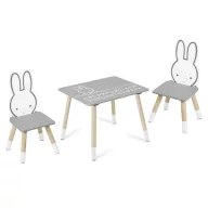   Fa játékasztal, Ricokids RC-847, asztal + 2 szék, fa és MDF, nyuszi motívum, ábécés asztallap, UV-álló, nem mérgező festék, 80 kg teherbírás