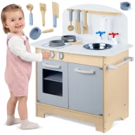   Játékkonyha, Ricokids, 48,5 × 28 × 70 cm, fa és MDF, nyitható ajtókkal, forgatható gombokkal, mosogatóval, edénykészlettel