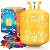   Hélium 50 db lufi felfújásához, Ricokids, sárga, 0,42 m3 héliumtartály, 50 db vegyes színű lufival, 60 m szalag, egyszer használatos palack, hordozható, nyomáscsökkentővel