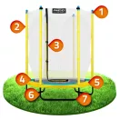 Kerti trambulin, Neo-Sport, sárga/fekete, átmérő: 140 cm, kerek, magasság: 36 cm, 150 cm külső védőháló, acél váz, 3 dupla láb, 50 kg teherbírás, 36 db rugó