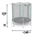Kerti trambulin, Neo-Sport, fekete/türkiz, átmérő: 140 cm, kerek, magasság: 36 cm, 150 cm külső védőháló, acél váz, 6 láb, 50 kg teherbírás, 30 db rögzítőhorog