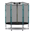 Kerti trambulin, Neo-Sport, fekete/türkiz, átmérő: 140 cm, kerek, magasság: 36 cm, 150 cm külső védőháló, acél váz, 6 láb, 50 kg teherbírás, 30 db rögzítőhorog