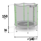 Kerti trambulin, Neo-Sport, fekete/zöld, átmérő: 140 cm, kerek, magasság: 36 cm, 150 cm külső védőháló, acél váz, 6 láb, 50 kg teherbírás, 30 db rögzítőhorog