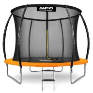   Kerti trambulin, Neo-Sport, fekete/narancssárga, átmérő: 252 cm, kerek, magasság: 55 cm, 180 cm belső védőháló, létra, acél váz, 3 dupla láb, 100 kg teherbírás, 42 db rugó, íves oszlopok