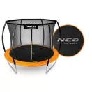 Kerti trambulin, Neo-Sport, fekete/narancssárga, átmérő: 252 cm, kerek, magasság: 55 cm, 180 cm belső védőháló, létra, acél váz, 3 dupla láb, 100 kg teherbírás, 42 db rugó, íves oszlopok