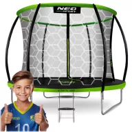   Kerti trambulin, Neo-Sport, fekete/zöld, átmérő: 252 cm, kerek, magasság: 55 cm, 180 cm belső védőháló, létra, acél váz, 3 dupla láb, 100 kg teherbírás, 42 db rugó, íves fekete oszlopok