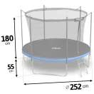 Kerti trambulin, Neo-Sport, fekete/kék, átmérő: 252 cm, kerek, magasság: 55 cm, 180 cm belső védőháló, létra, acél váz, 3 dupla láb, 100 kg teherbírás, 42 db rugó, fekete oszlopok