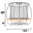 Kerti trambulin, Neo-Sport, fekete/narancssárga, átmérő: 312 cm, kerek, magasság: 65 cm, 180 cm belső védőháló, létra, acél váz, 3 dupla láb, 150 kg teherbírás, 54 db rugó, íves oszlopok