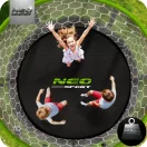 Kerti trambulin, Neo-Sport, fekete/zöld, átmérő: 312 cm, kerek, magasság: 65 cm, 180 cm belső védőháló, létra, acél váz, 3 dupla láb, 150 kg teherbírás, 54 db rugó, íves oszlopok