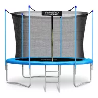   Kerti trambulin, Neo-Sport, fekete/kék, átmérő: 312 cm, kerek, magasság: 65 cm, 180 cm belső védőháló, létra, acél váz, 3 dupla láb, 150 kg teherbírás, 54 db rugó, kék oszlopok