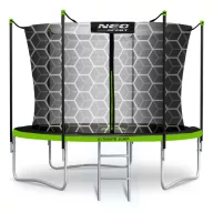   Kerti trambulin, Neo-Sport, fekete/zöld, átmérő: 312 cm, kerek, magasság: 65 cm, 180 cm belső védőháló, létra, acél váz, 3 dupla láb, 150 kg teherbírás, 54 db rugó, fekete oszlopok