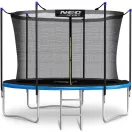 Kerti trambulin, Neo-Sport, fekete/kék, átmérő: 312 cm, kerek, magasság: 65 cm, 180 cm belső védőháló, létra, acél váz, 3 dupla láb, 150 kg teherbírás, 54 db rugó, fekete oszlopok