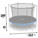 Kerti trambulin, Neo-Sport, fekete/kék, átmérő: 312 cm, kerek, magasság: 65 cm, 180 cm belső védőháló, létra, acél váz, 3 dupla láb, 150 kg teherbírás, 54 db rugó, fekete oszlopok
