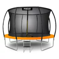   Kerti trambulin, Neo-Sport, fekete/narancssárga, átmérő: 374 cm, kerek, magasság: 70 cm, 180 cm belső védőháló, létra, acél váz, 4 dupla láb, 150 kg teherbírás, 64 db rugó, íves oszlopok
